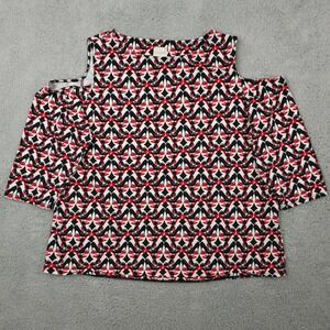 Chicos Top Womens 2 US Large Black Red Luxe Heel Cold Shoulder Shirt Stretch